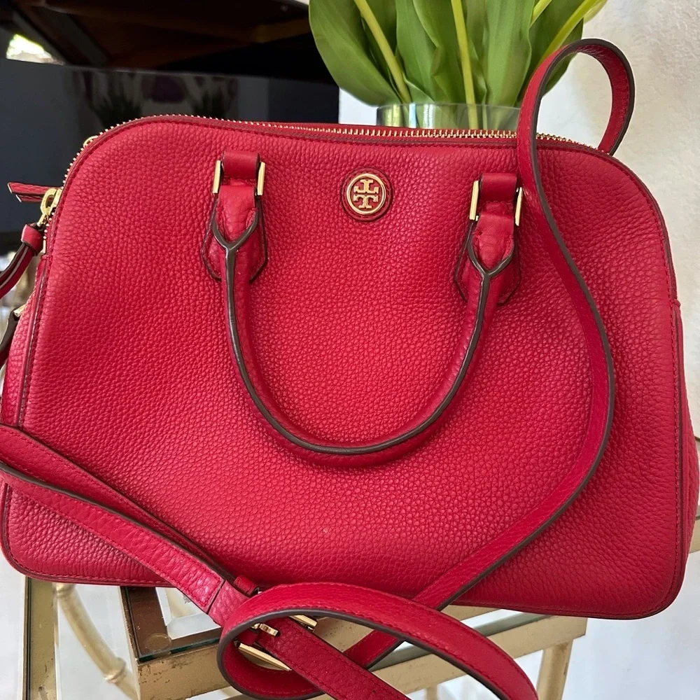 Tory Burch Cherry Red Robinson Satchel Pebbled Leather